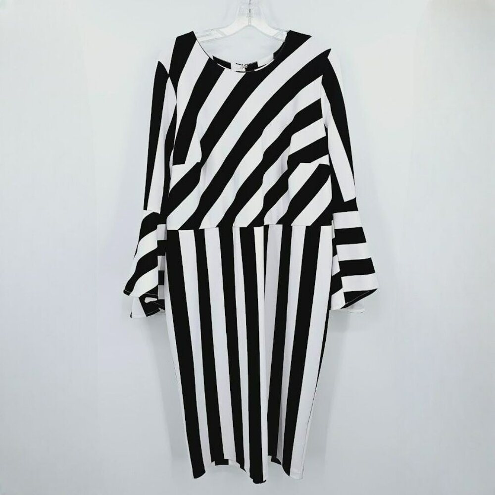 Eloquii Dress 16 Black White Stripe Flare Sleeve Body Hugging Bodycon Scuba Plus - Picture 2 of 13